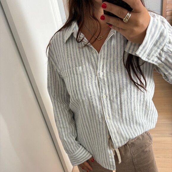 Banana Republic Classic Linen-Blend Shirt - White Stripe - Medium - Picture 3 of 6